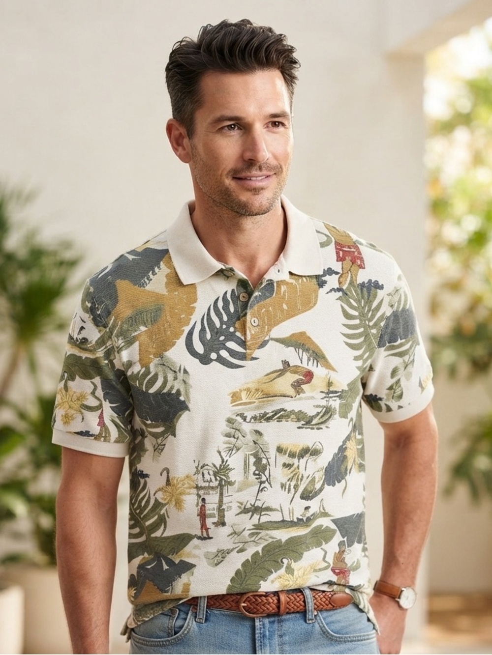 OCEAN PACIFIC Beach Traditions Polo Shirt L Tan Multi